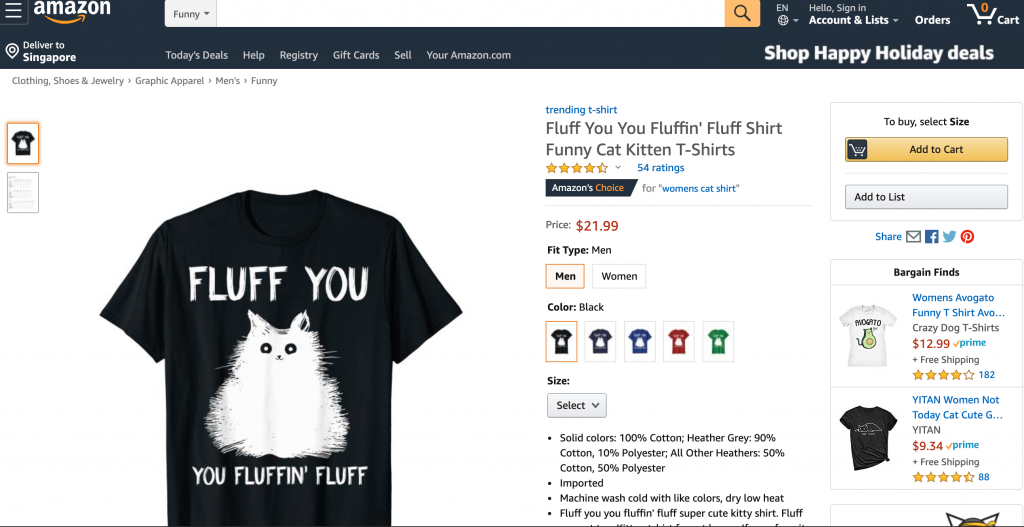 Amazon T-shirt, Amazon Merch, Kitten Design, Black, Product